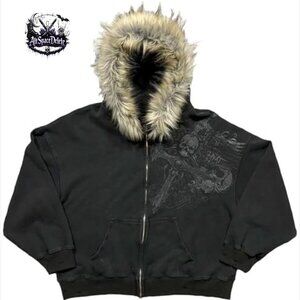 Oversized Zip Up Hoodie with Faux Fur Hood, Grunge Streetwear Jacket